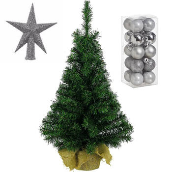 Volle kunst kerstboom 35 cm in jute zak inclusief zilveren versiering 21-delig - Kunstkerstboom