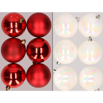 12x stuks kunststof kerstballen mix van rood en parelmoer wit 8 cm - Kerstbal