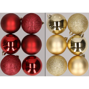 12x stuks kunststof kerstballen mix van donkerrood en goud 8 cm - Kerstbal