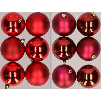 12x stuks kunststof kerstballen mix van rood en donkerrood 8 cm - Kerstbal