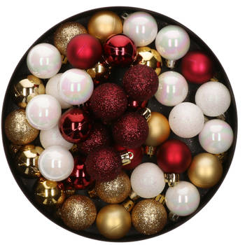 42x Stuks kunststof kerstballen mix wit/goud/donkerrood 3 cm - Kerstbal