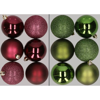 12x stuks kunststof kerstballen mix van aubergine en appelgroen 8 cm - Kerstbal