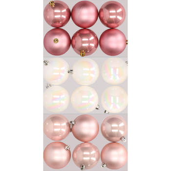 18x stuks kunststof kerstballen mix van lichtroze, parelmoer wit en oudroze 8 cm - Kerstbal