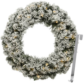 Kerstkrans 50 cm - groen met led - besneeuwd - met zilveren hanger/ophanghaak - Kerstkransen