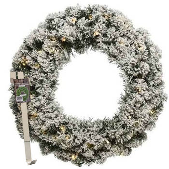 Kerstkrans 60 cm - groen met led - besneeuwd - met messing zilveren hanger/ophanghaak - Kerstkransen