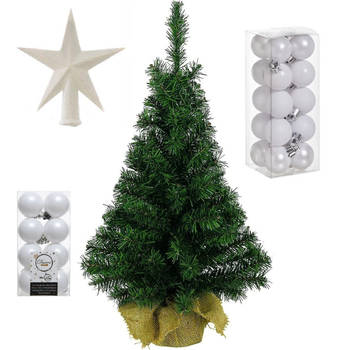 Volle kunst kerstboom 75 cm in jute zak inclusief witte versiering 37-delig - Kunstkerstboom