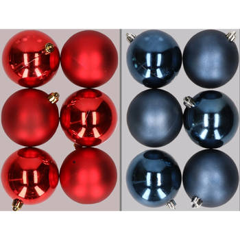12x stuks kunststof kerstballen mix van rood en donkerblauw 8 cm - Kerstbal