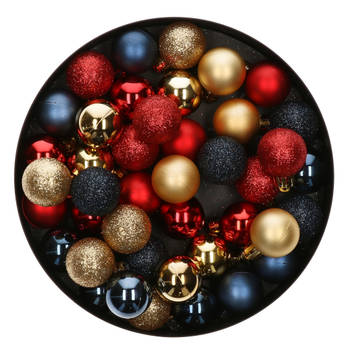 42x Stuks kunststof kerstballen mix rood/goud/donkerblauw 3 cm - Kerstbal