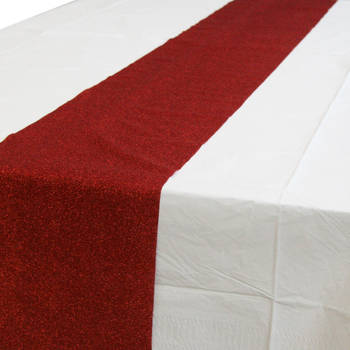 Wit tafelkleed 274 x 137 cm met rode tafelloper met glitters voor de kersttafel - Tafellakens