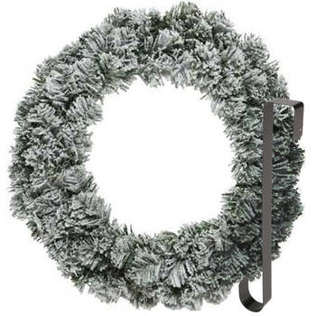Kerstkrans 60 cm - groen - besneeuwd - met zwarte hanger/ophanghaak - kerstversiering - Kerstkransen