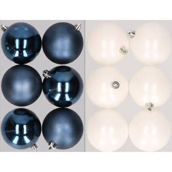 12x stuks kunststof kerstballen mix van donkerblauw en winter wit 8 cm - Kerstbal