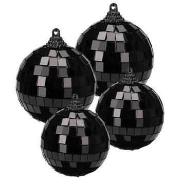 Grote discobal kerstballen - 4x stuks - zwart - 8 en 10 cm - kunststof - Kerstbal