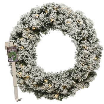 Kerstkrans 50 cm - groen met led - besneeuwd - met messing zilveren hanger/ophanghaak - Kerstkransen