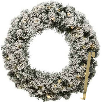 Kerstkrans 60 cm - groen met led - besneeuwd - met gouden hanger/ophanghaak - Kerstkransen