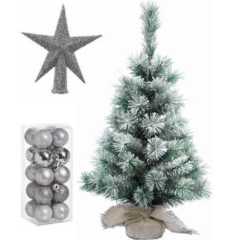 Kunst kerstboom met sneeuw 35 cm in jute zak inclusief zilveren versiering 21-delig - Kunstkerstboom