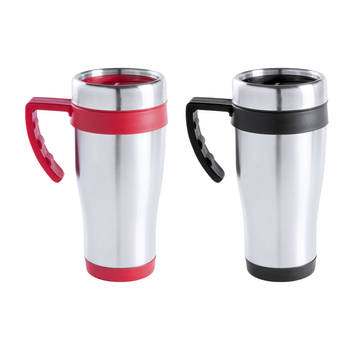 Warmhoudbekers/thermos isoleer koffiebekers/mokken - 2x stuks - RVS - zwart en rood - 450 ml - Thermosbeker