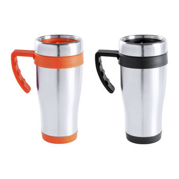 Warmhoudbekers/thermos isoleer koffiebekers/mokken - 2x stuks - RVS - zwart en oranje - 450 ml - Thermosbeker