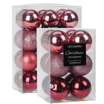 Kerstballen - 28x st - 5 en 6 cm - roze - kunststof - Kerstbal