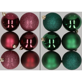 12x stuks kunststof kerstballen mix van aubergine en donkergroen 8 cm - Kerstbal