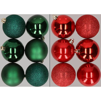 12x stuks kunststof kerstballen mix van donkergroen en rood 8 cm - Kerstbal