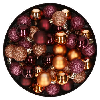 Kleine kunststof kerstversiering 40x stuks set en 3 cm kerstballen in het aubergine en koper - Kerstbal