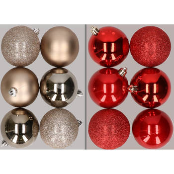 12x stuks kunststof kerstballen mix van champagne en rood 8 cm - Kerstbal