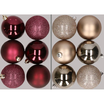 12x stuks kunststof kerstballen mix van aubergine en champagne 8 cm - Kerstbal
