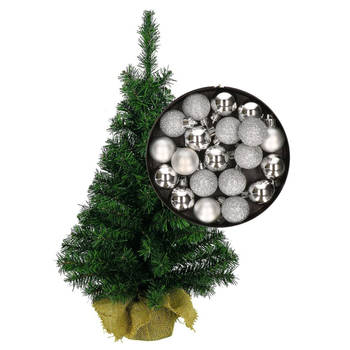 Mini kerstboom/kunst kerstboom H35 cm inclusief kerstballen zilver - Kunstkerstboom