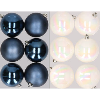12x stuks kunststof kerstballen mix van donkerblauw en parelmoer wit 8 cm - Kerstbal