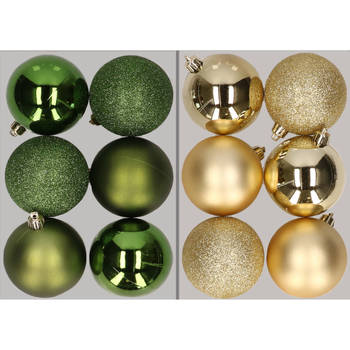 12x stuks kunststof kerstballen mix van appelgroen en goud 8 cm - Kerstbal