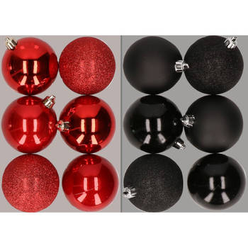 12x stuks kunststof kerstballen mix van rood en zwart 8 cm - Kerstbal