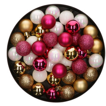 42x Stuks kunststof kerstballen mix bessen roze/goud/parelmoer wit 3 cm - Kerstbal