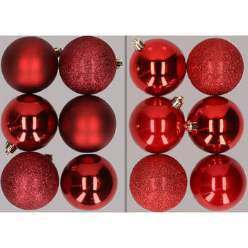 12x stuks kunststof kerstballen mix van donkerrood en rood 8 cm - Kerstbal