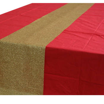 Rood tafelkleed 274 x 137 cm met gouden tafelloper met glitters voor de kersttafel - Tafellakens
