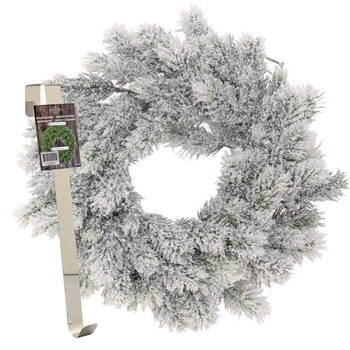 Kerstkrans 35 cm - groen - besneeuwd - met messing zilveren hanger/ophanghaak - kerstversiering - Kerstkransen