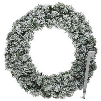 Kerstkrans 60 cm - groen - besneeuwd - met zilveren hanger/ophanghaak - kerstversiering - Kerstkransen