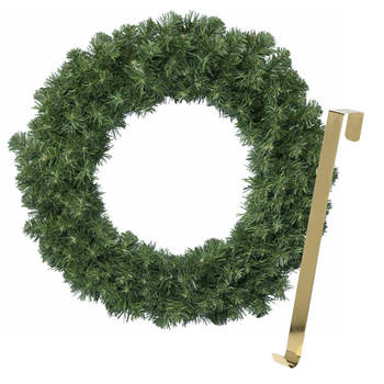 Kerstkrans 35 cm - groen - met gouden hanger/ophanghaak - kerstversiering - Kerstkransen