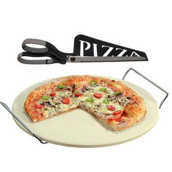 Keramieken pizzasteen rond 33 cm met handvaten en zwarte pizzaschaar - Pizzaplaten