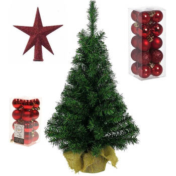 Volle kunst kerstboom 75 cm in jute zak inclusief rode versiering 37-delig - Kunstkerstboom