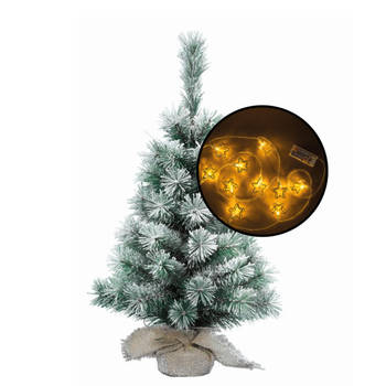 Mini kerstboom besneeuwd - met 3D sterren verlichting - H60 cm - Kunstkerstboom