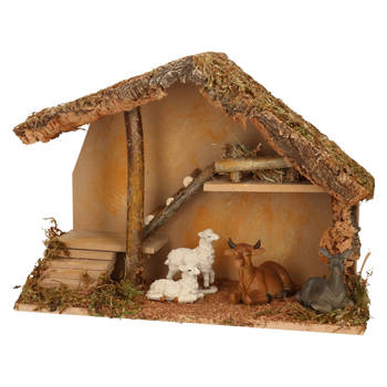 Complete kerststal met dieren beeldjes -H28 cm - hout/mos/polyresin - Kerststallen