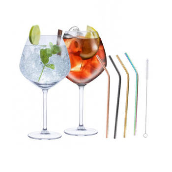 Set van 4x Gin Tonic cocktailglazen met 4x gekleurde rietjes RVS - Cocktailglazen