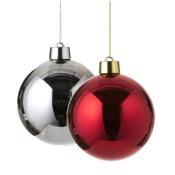Kerstversieringen set van 2x grote kunststof kerstballen rood en zilver 20 cm glans - Kerstbal