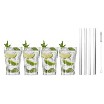 4x Cocktailglazen / Mojito glazen transparant 410 ml met glazen rietjes - Cocktailglazen