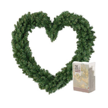 Kerstversiering kerstkrans hart groen 50 cm inclusief verlichting - Kerstkransen