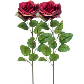 Emerald Kunstbloem roos Marleen - 2x - wijn rood - 63 cm - decoratie bloemen - Kunstbloemen