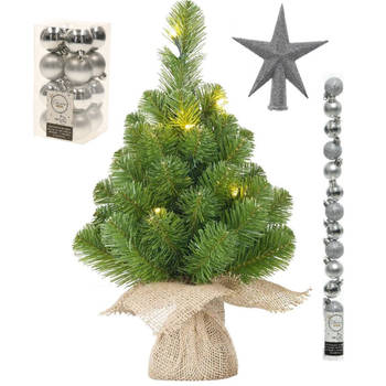 Kunst kerstboom met 15 LED lampjes 60 cm inclusief zilveren versiering 31-delig - Kunstkerstboom
