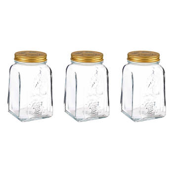 Voorraadpot/bewaarpot Square - 3x - glas - 1L - transparant/goud - D10 x H17 cm - voedsel - Voorraadpot