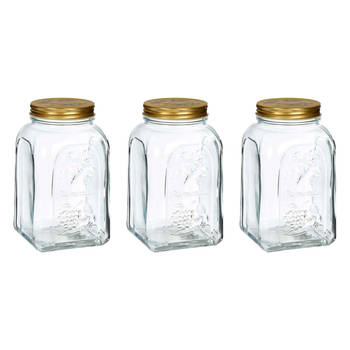 Pasabahce Voorraadpot/bewaarpot Square - 3x - glas - 1,5L - transparant/goud - D10 x H19 cm - voedsel bewaren - Voorraad