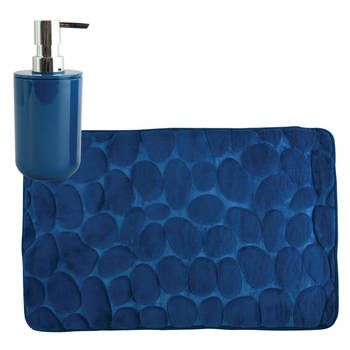 MSV badkamer droogloop mat/tapijt Kiezel - 50 x 80 cm - zelfde kleur zeeppompje - donkerblauw - Badmatjes